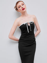 Jersey Strapless Contrasting Binding Knotted Ruched Midi Dress