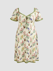 Square Neck Strawberry Graphic Contrasting Lace Trim Midi Dress Curve & Plus
