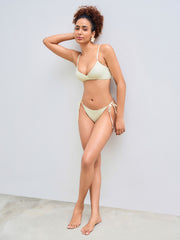 V-neck Solid Bracelet Tie Side Bikini Set With Lace Cover Up Skirt