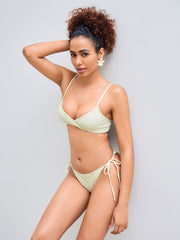 V-neck Solid Bracelet Tie Side Bikini Set With Lace Cover Up Skirt