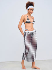 Mesh Striped Knotted Cover Up Skirt