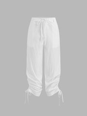 Mid Rise Solid Drawstring Pocket Capri Pants