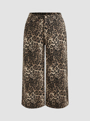 100% Cotton Mid Rise Leopard Pocket Wide Leg Trousers Curve & Plus