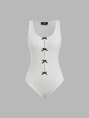 Scoop Neckline Solid Bowknot Cut Out Bodysuit