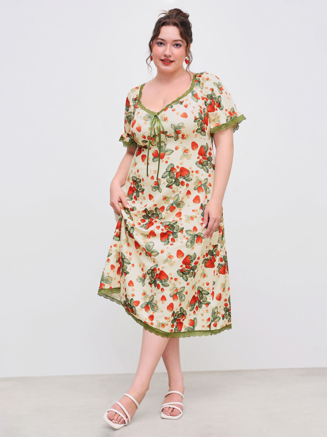 Square Neck Strawberry Graphic Contrasting Lace Trim Midi Dress Curve & Plus