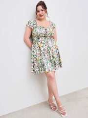 Square Neck Floral Ruffle Lettuce Trim Mini Dress Curve & Plus