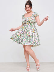 Square Neck Floral Ruffle Lettuce Trim Mini Dress Curve & Plus