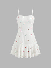 100% Cotton Square Neck Cherry Embroidery Layered Mini Dress