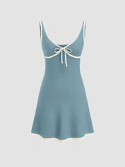 Knitted V-neck Solid Contrasting Binding Knotted Mini Dress