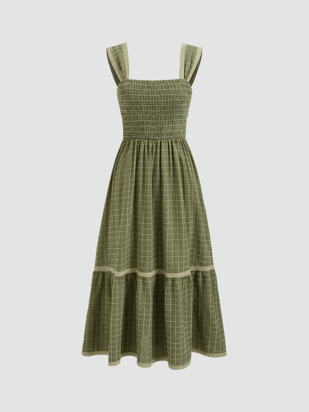 Square Neck Shirred Gingham Maxi Dress