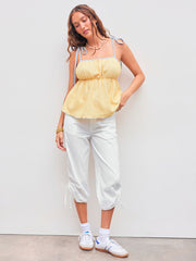 Mid Rise Solid Drawstring Pocket Capri Pants