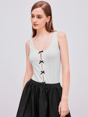Scoop Neckline Solid Bowknot Cut Out Bodysuit