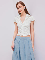 100% Cotton V-neck Solid Ruched Short Sleeve Shirt
