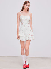 100% Cotton Square Neck Cherry Embroidery Layered Mini Dress
