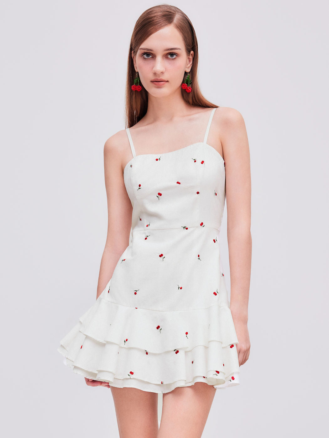 100% Cotton Square Neck Cherry Embroidery Layered Mini Dress