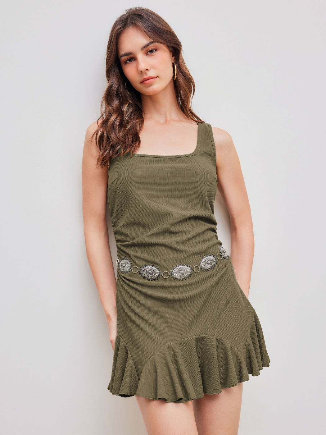 Jersey Square Neck Solid Ruched Ruffle Zipper MIni Dress