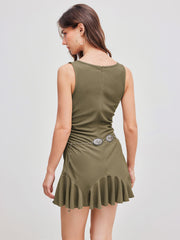 Jersey Square Neck Solid Ruched Ruffle Zipper MIni Dress