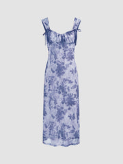 Mesh Square Neck Floral Bowknot Midi Dress