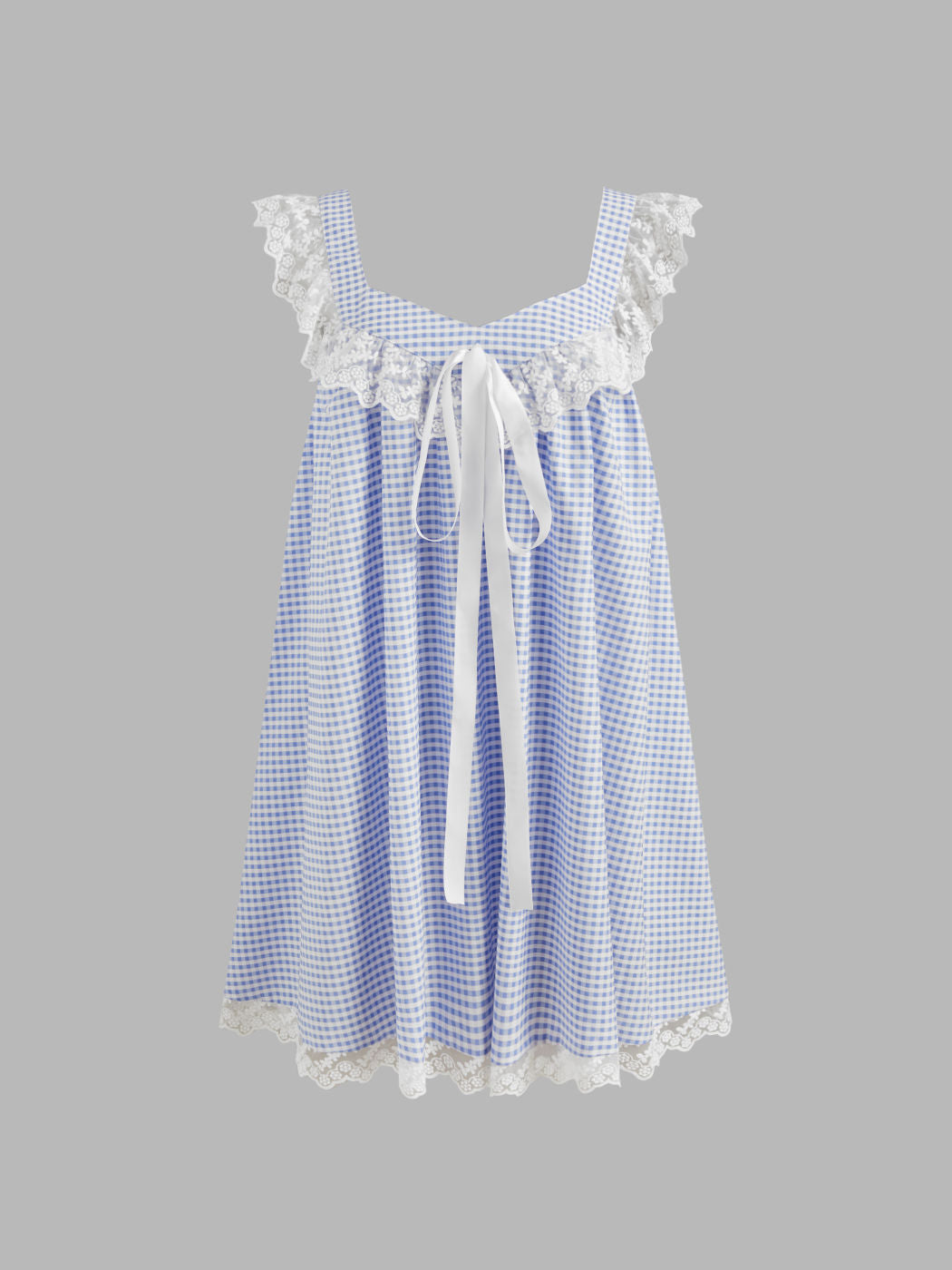 Sweetheart Gingham Lace Trim Babydoll Knotted Mini Dress