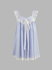 Sweetheart Gingham Lace Trim Babydoll Knotted Mini Dress