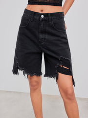 Denim Mid Rise Ripped Pocket Bermuda Shorts