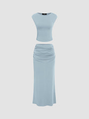 Solid Tank Top & Ruched Maxi Skirt
