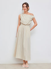 Cotton-blend Asymmetrical Neck Solid Ruffle Midi Dress