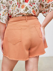 Denim Mid Rise Solid Raw Hem Pocket Shorts Curve & Plus
