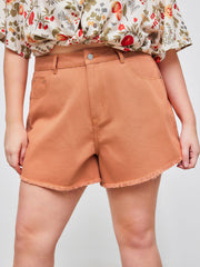 Denim Mid Rise Solid Raw Hem Pocket Shorts Curve & Plus
