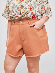 Denim Mid Rise Solid Raw Hem Pocket Shorts Curve & Plus