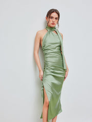 Satin Halter Solid Drawstring Ruched Split Midi Dress