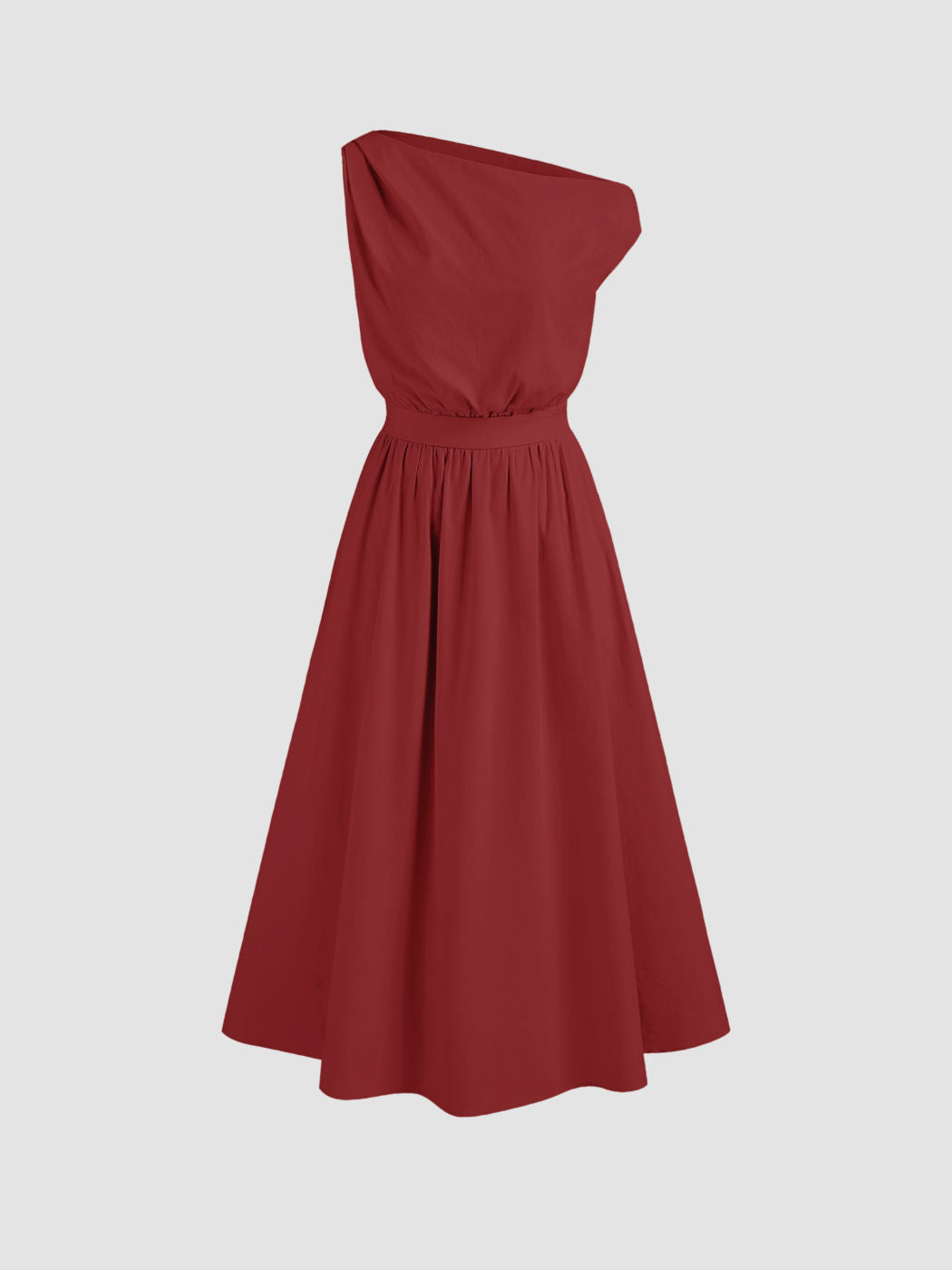 Cotton-blend Asymmetrical Neck Solid Ruffle Midi Dress