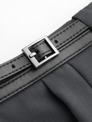 Petite Mid Rise Solid Belted Straight Leg Trousers