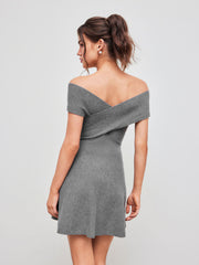 Knit Off-shoulder Solid Twist Mini Dress