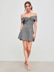 Knit Off-shoulder Solid Twist Mini Dress
