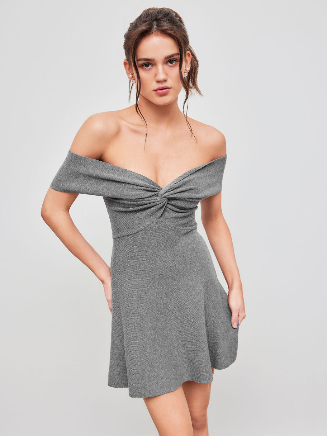 Knit Off-shoulder Solid Twist Mini Dress