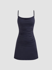 Square Neck Solid Ruched Lace Backless Mini Dress
