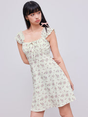 Ditsy Floral Square Neck Drawstring Ruched Mini Dress