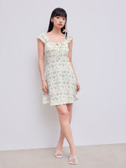 Ditsy Floral Square Neck Drawstring Ruched Mini Dress