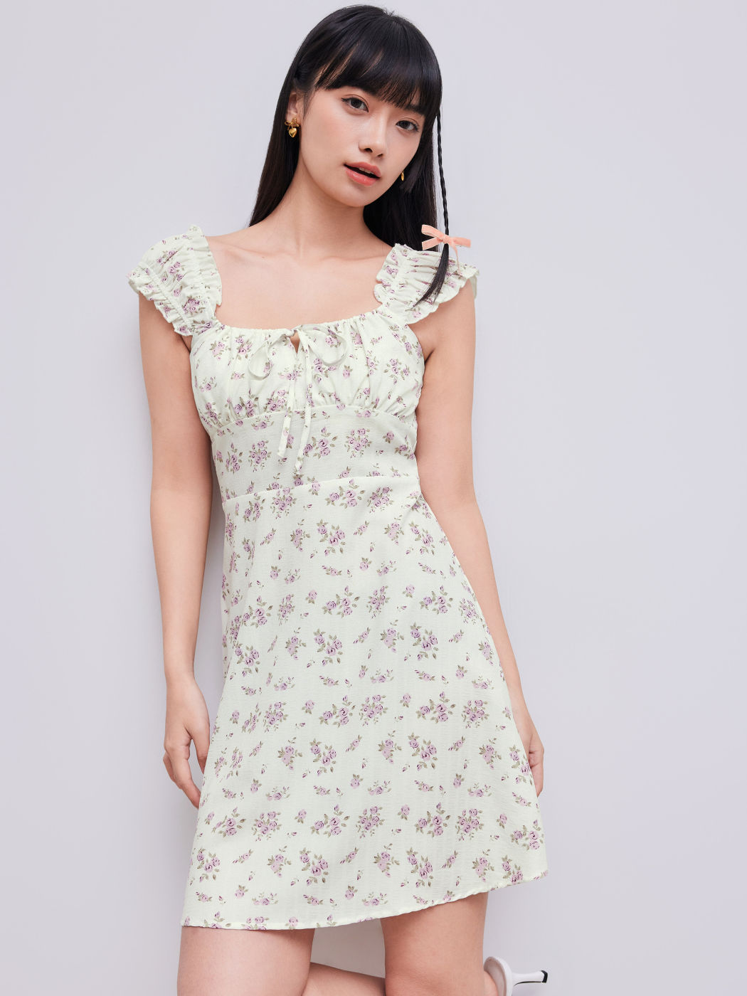 Ditsy Floral Square Neck Drawstring Ruched Mini Dress