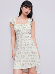 Ditsy Floral Square Neck Drawstring Ruched Mini Dress