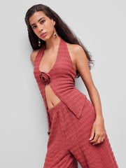 Halter Neckline Solid Rosette Texture Tank Top