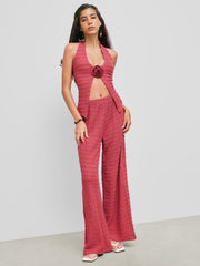 Halter Neckline Solid Rosette Texture Tank Top
