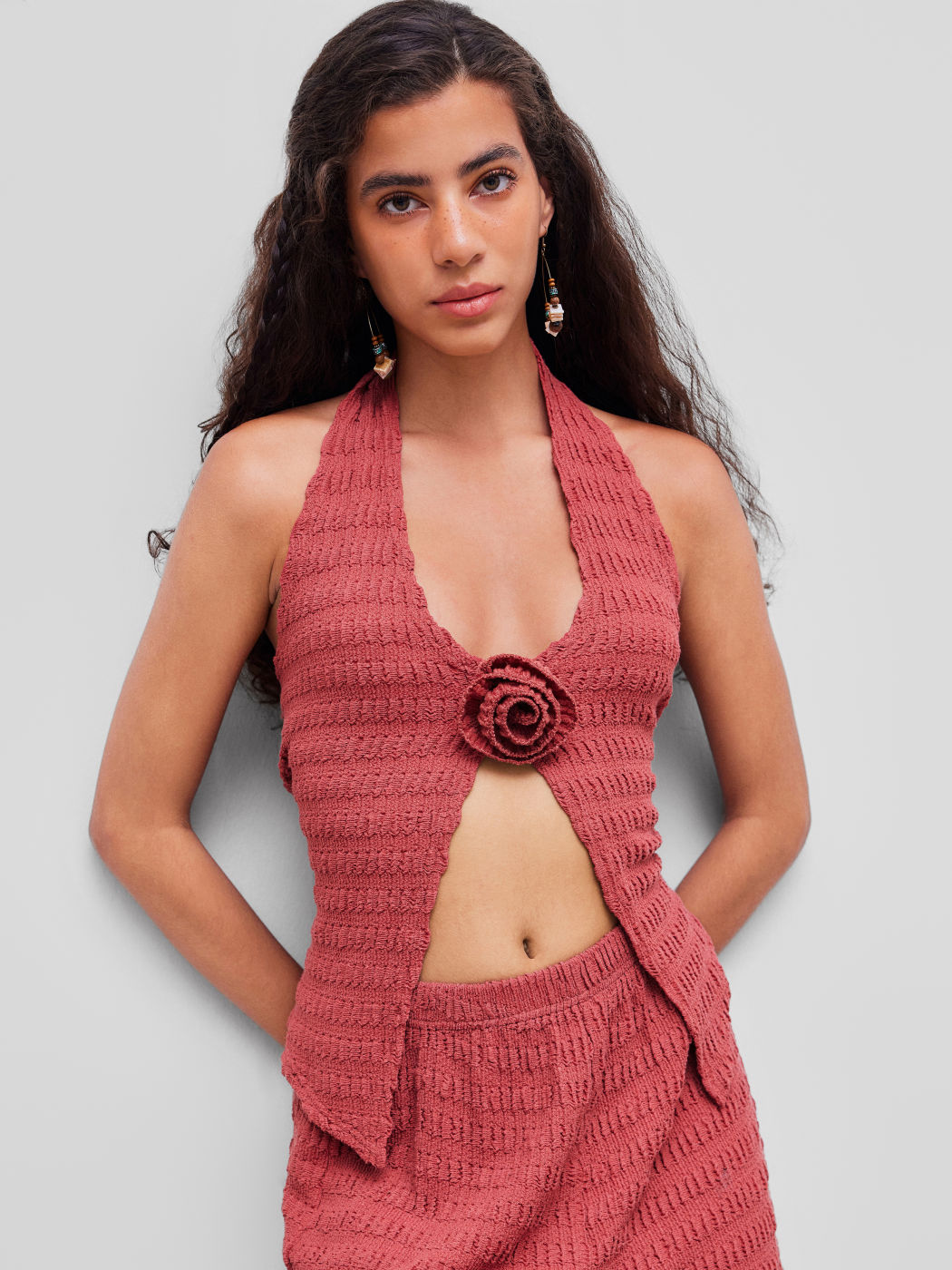 Halter Neckline Solid Rosette Texture Tank Top