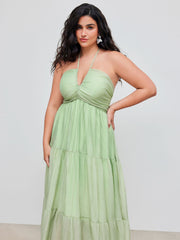 Woven Halter Cut Out Tiered Ruffle Hem Maxi Dress Curve & Plus