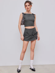 Woven Square Neck Solid Bowknot Crop Cami Top