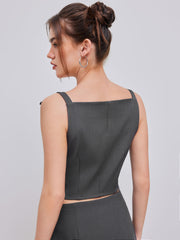 Woven Square Neck Solid Bowknot Crop Cami Top