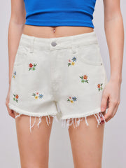 Denim Mid Rise Floral Embroidery Wide Leg Shorts