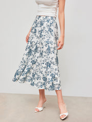 High Rise Floral Ruffle Midi Skirt