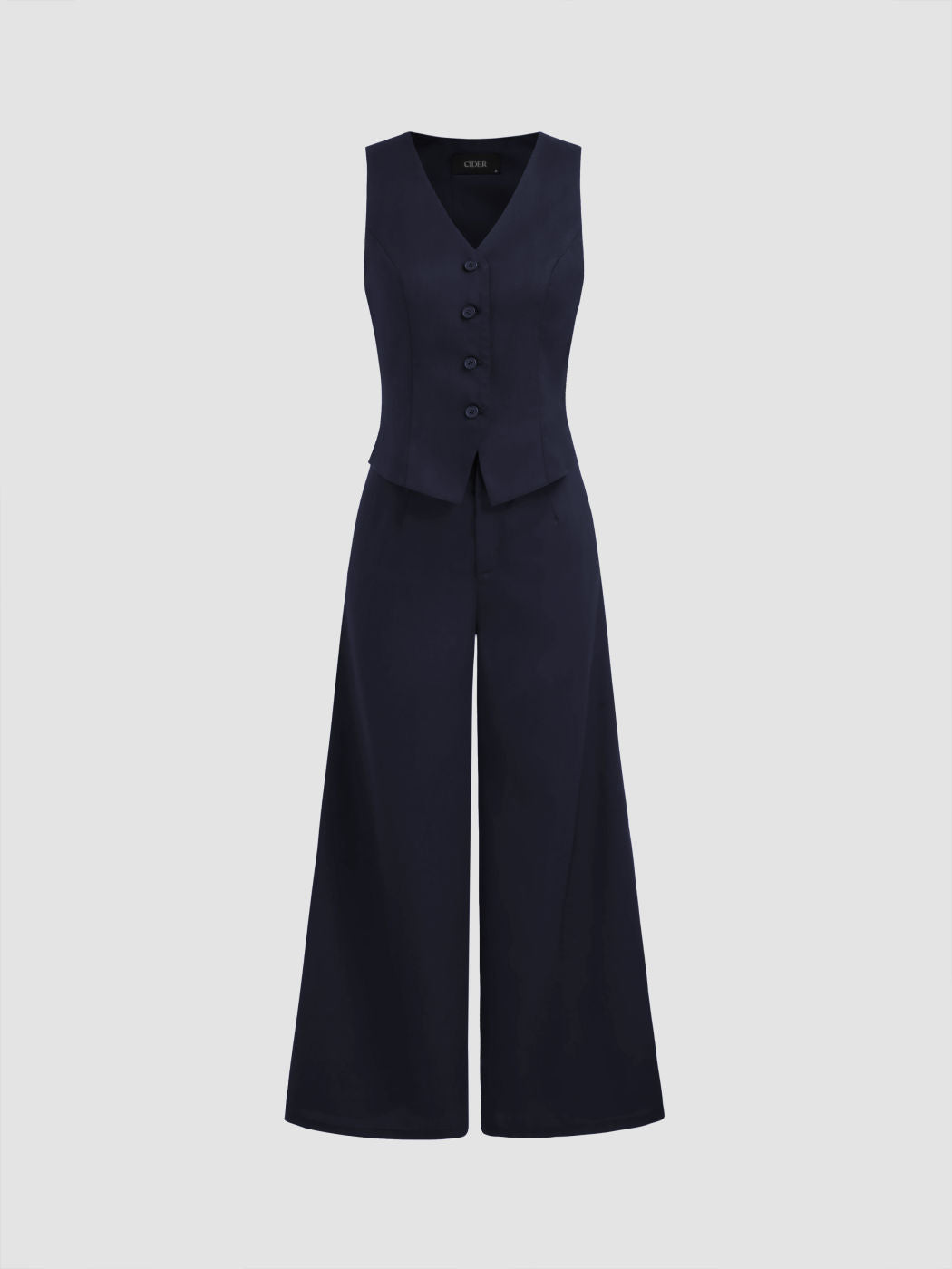Solid V-neck Button Vest Wide Leg Jumpsuit